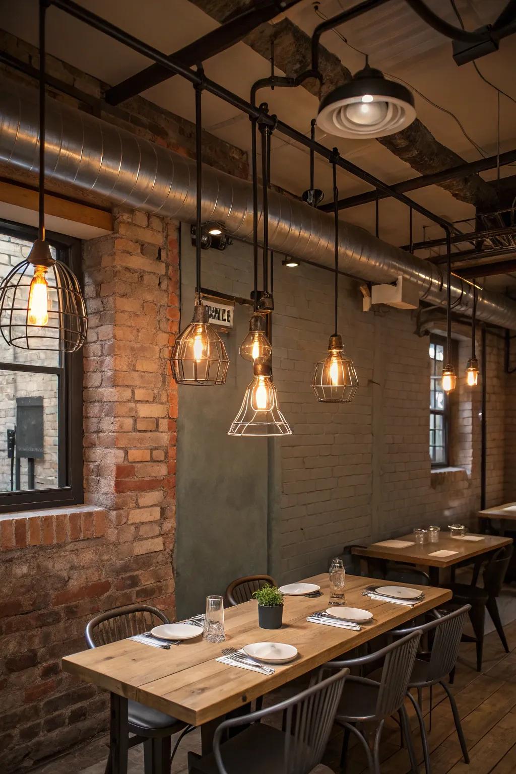 Industrial lighting introduces a raw, urban edge to this dining space.