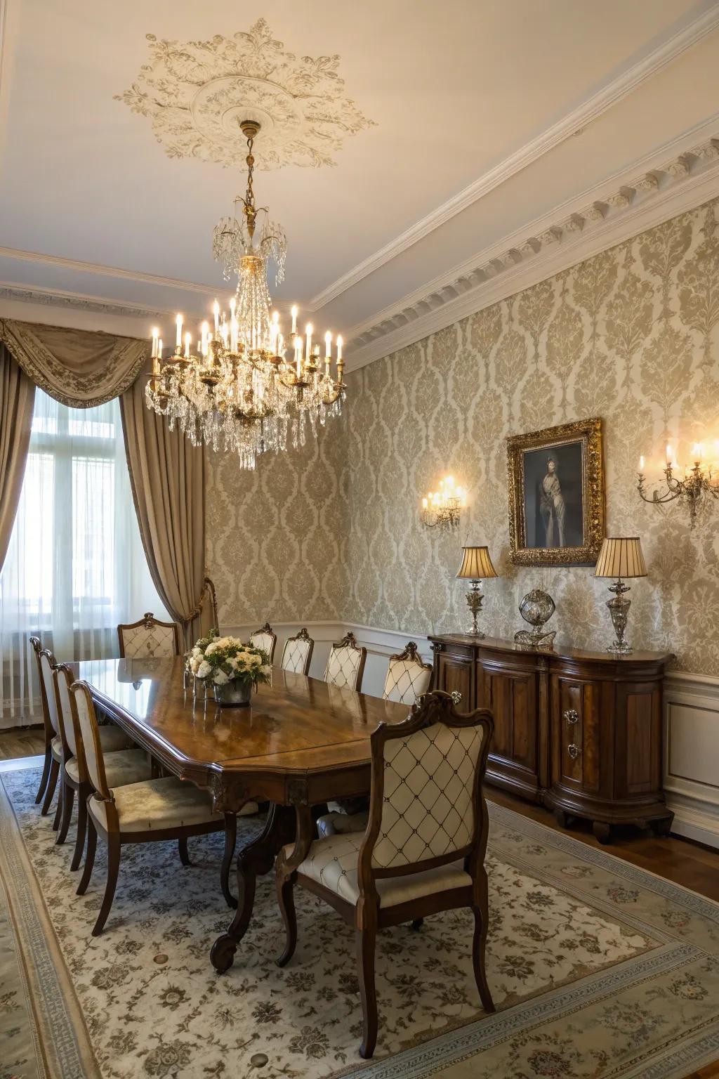 Vintage damask wallpaper imparts timeless elegance to this dining area.