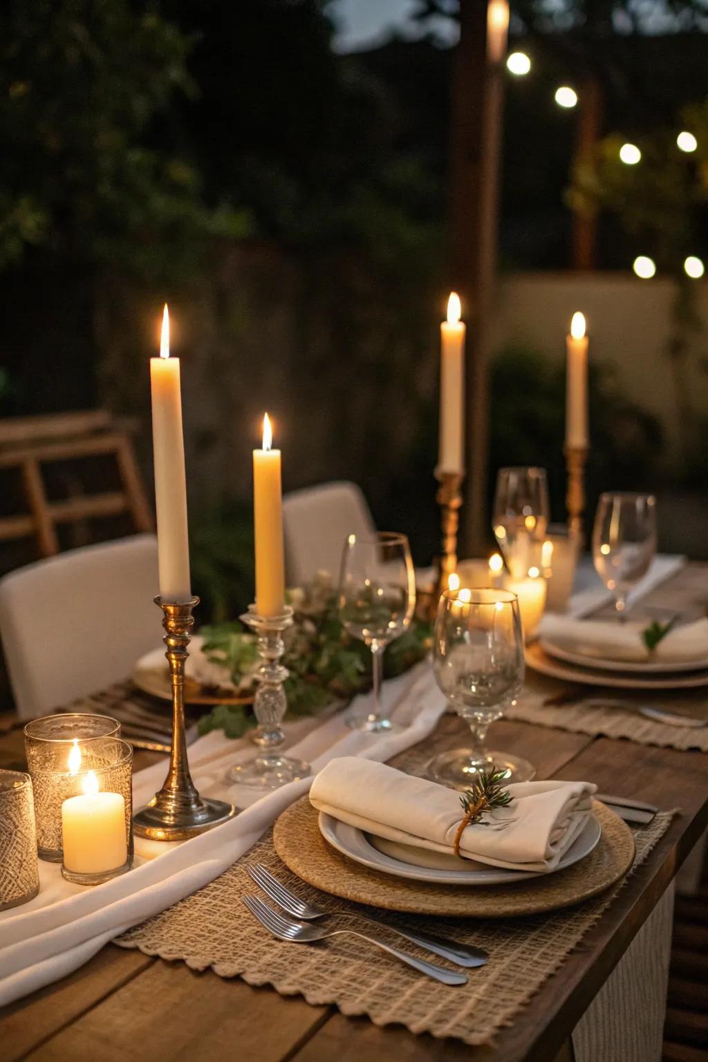 Candlelight engenders a cozy and inviting ambiance at the dinner setting.