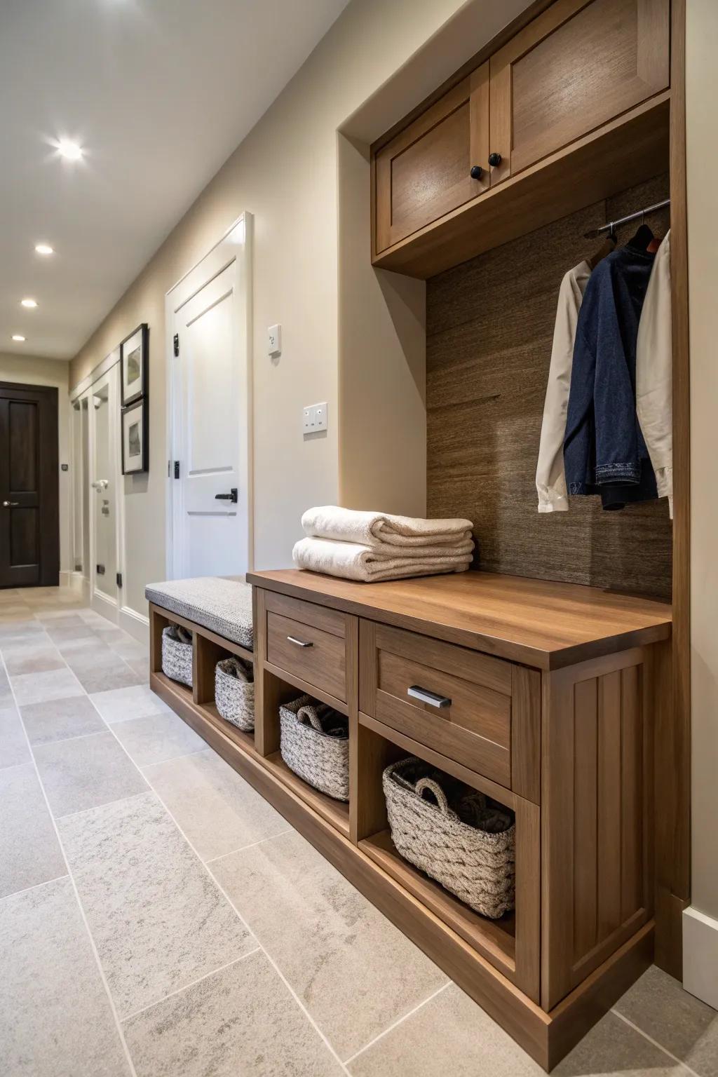 Keep your laundry unseen using solutions that store beneath seating.