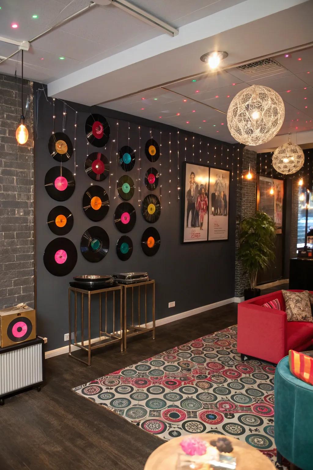 Groovy circles inject a retro nuance to the disco party ornamentation.