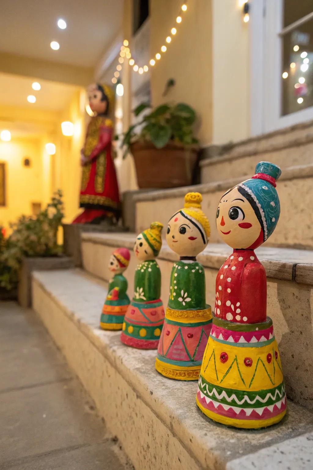 Vibrantly self-sculpted clay figures poised for Golu.