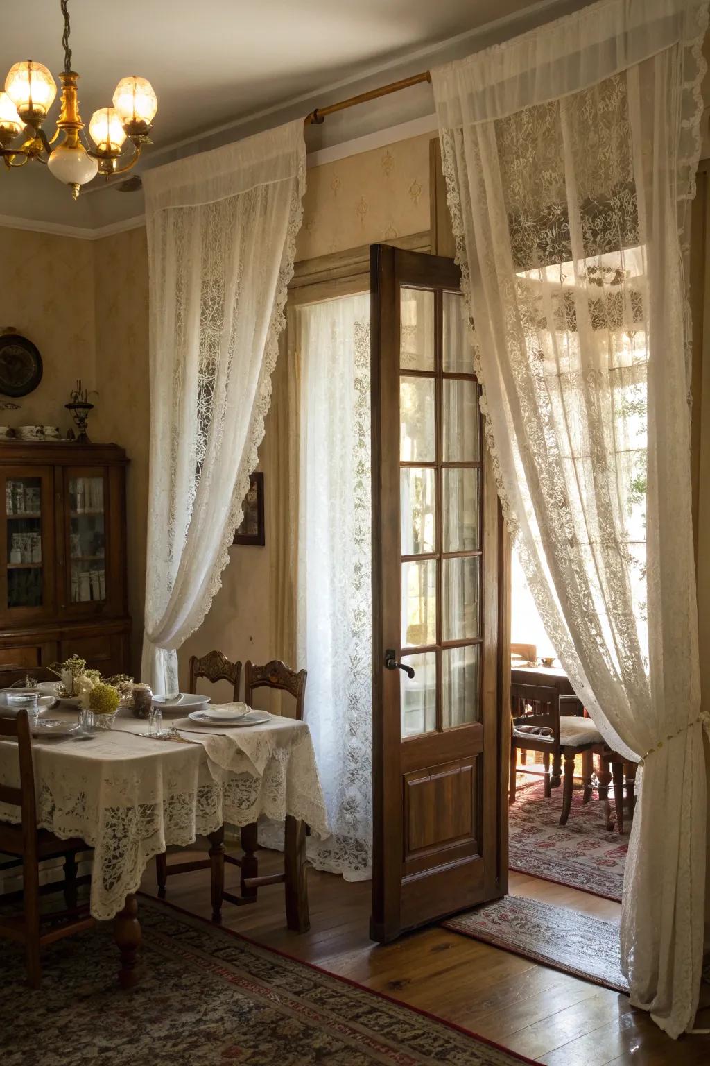 Lacework coverings contribute enduring refinement to dining areas.