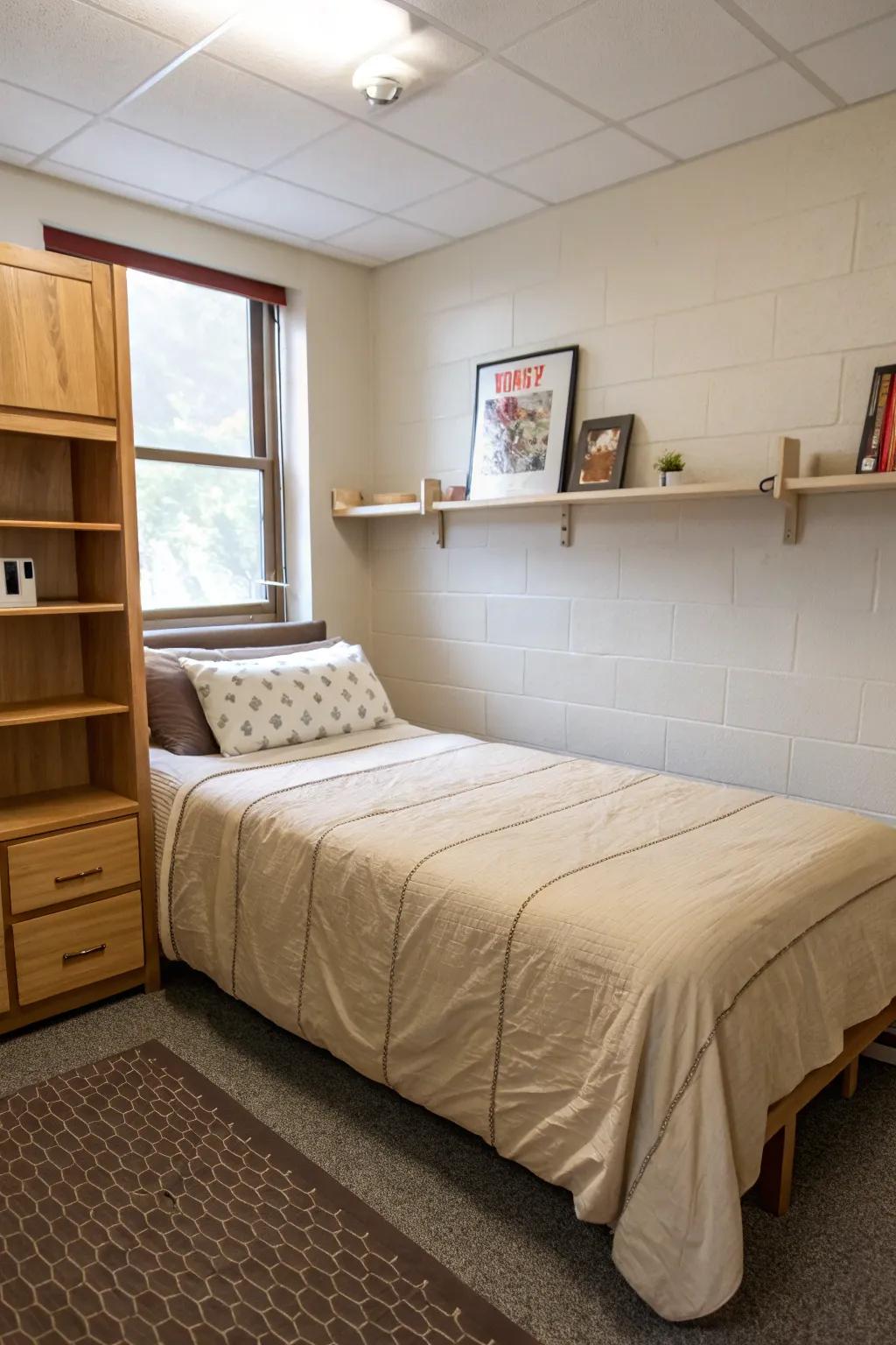 A dorm bed with simple, neutral-toned bedding for an elegant appearance.