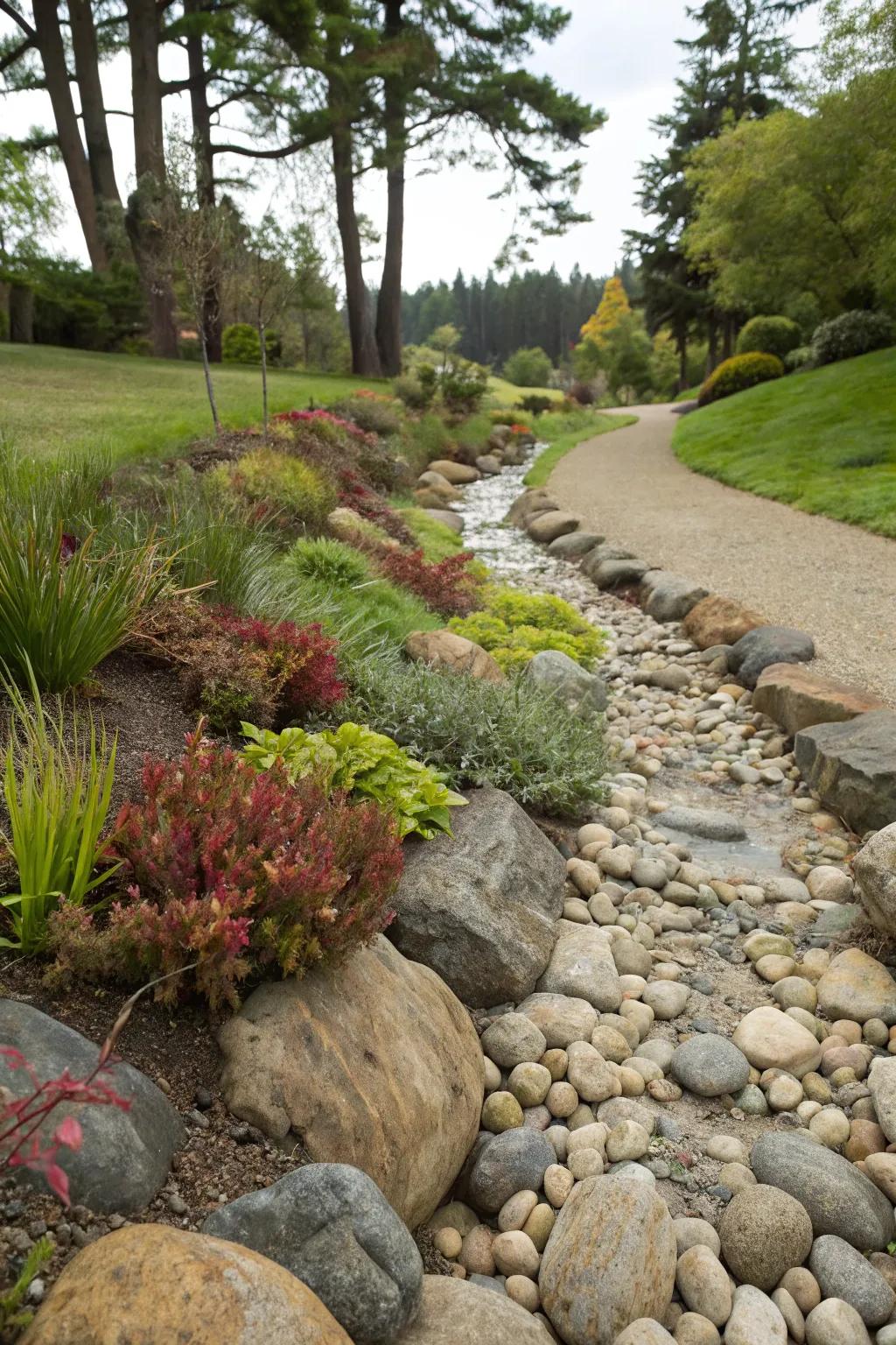 This artistic swale perfectly embodies a balance between aesthetic beauty and practical purpose.