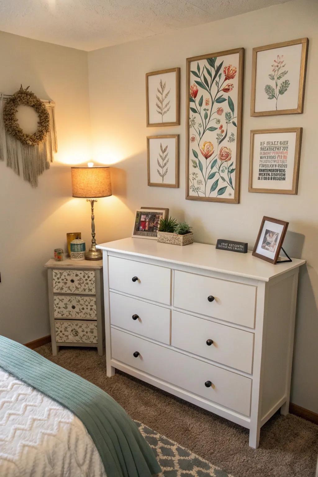 A petite dresser paired with overhead wall art, crafting a stylish vertical attraction.