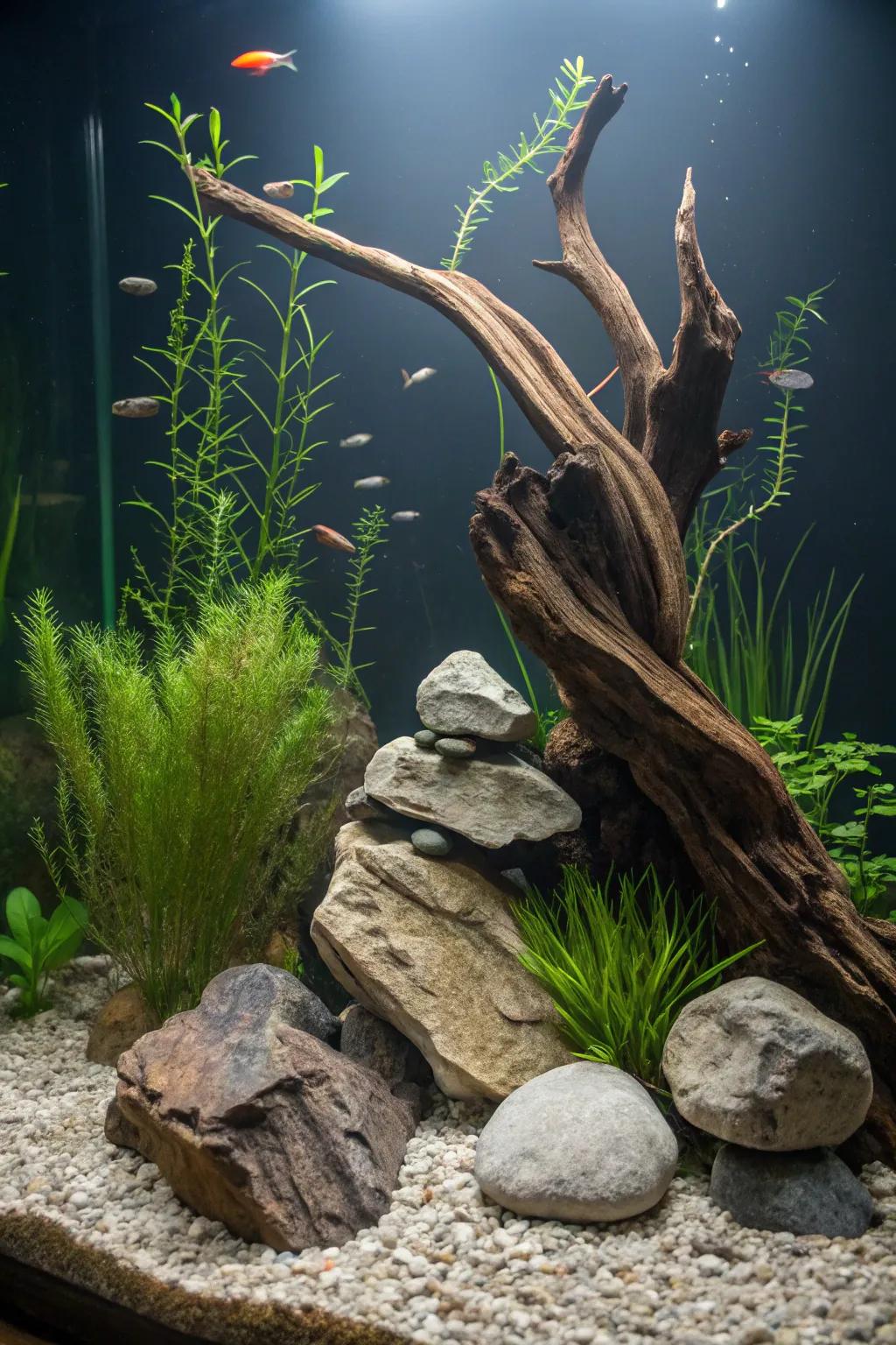 An amicable fusion of bogwood and boulders in a splendidly symmetrical aquarium.