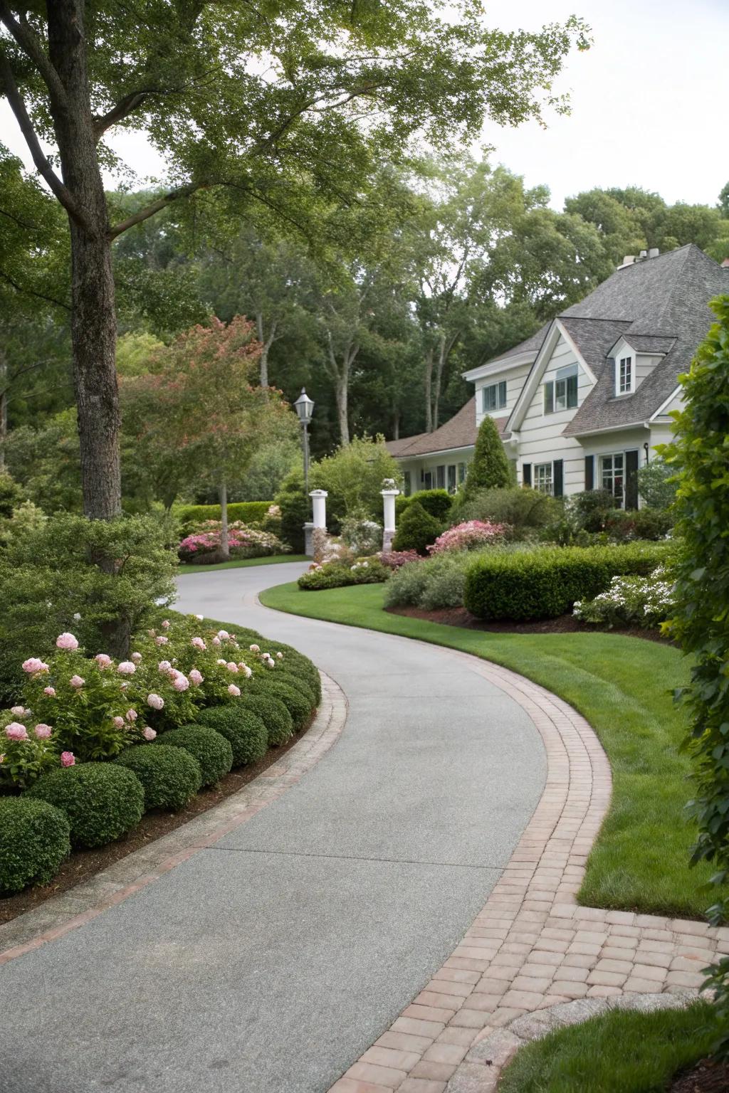 A curved path enhances charm and guides the journey to the home.