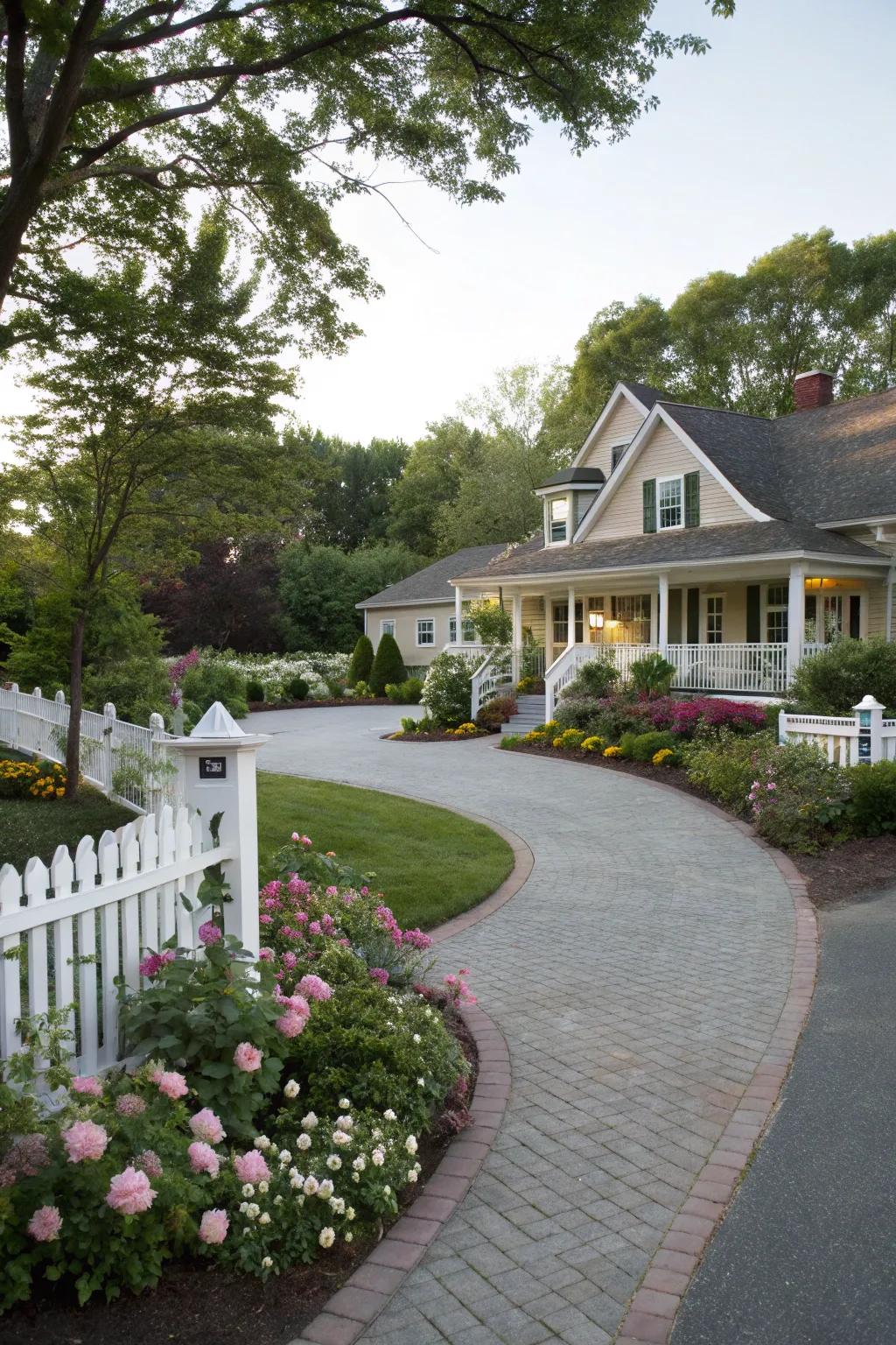 An attractive half-circle driveway adorned with garden elements.