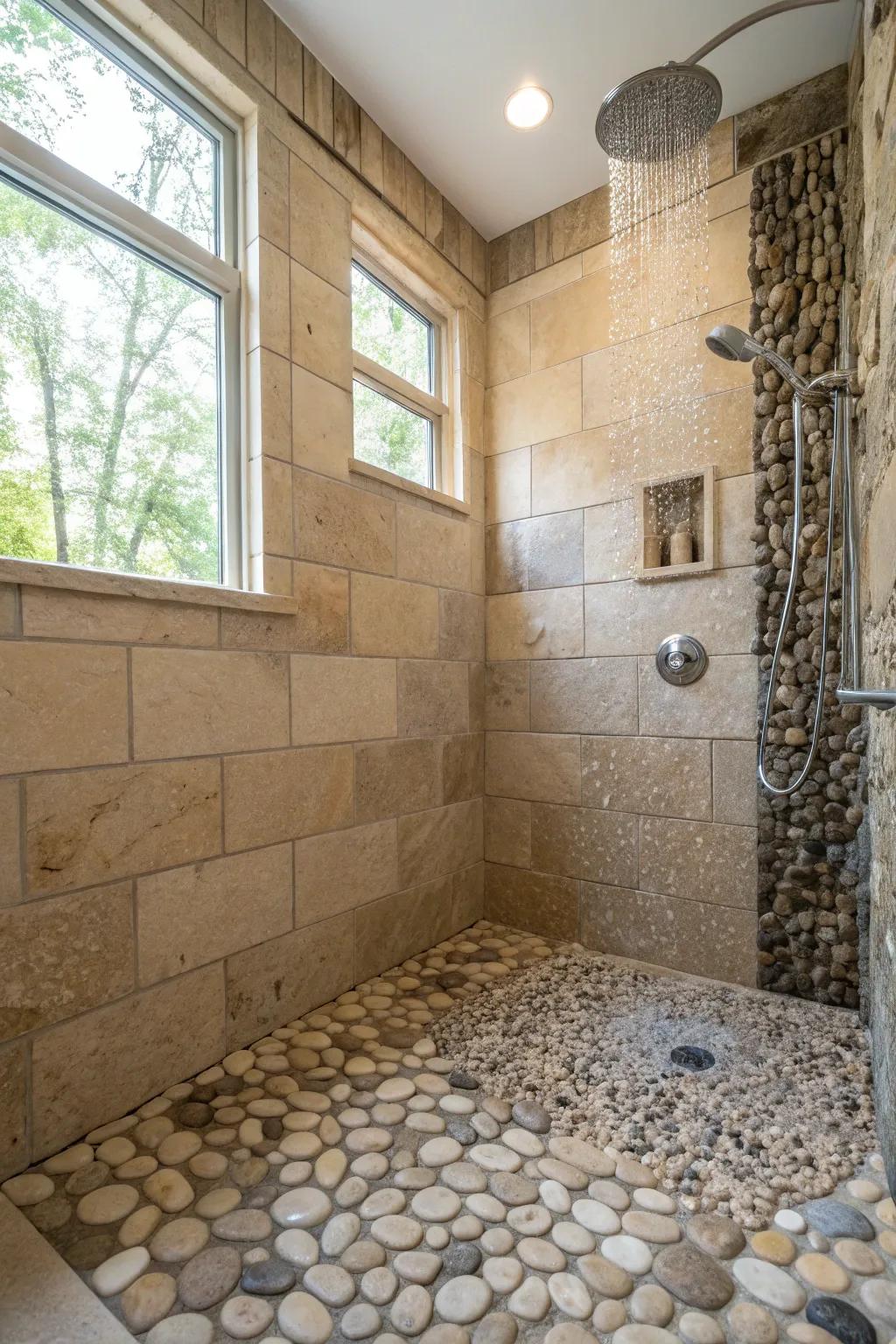 Textured surfaces such as pebble tiles add an organic touch to the restroom.