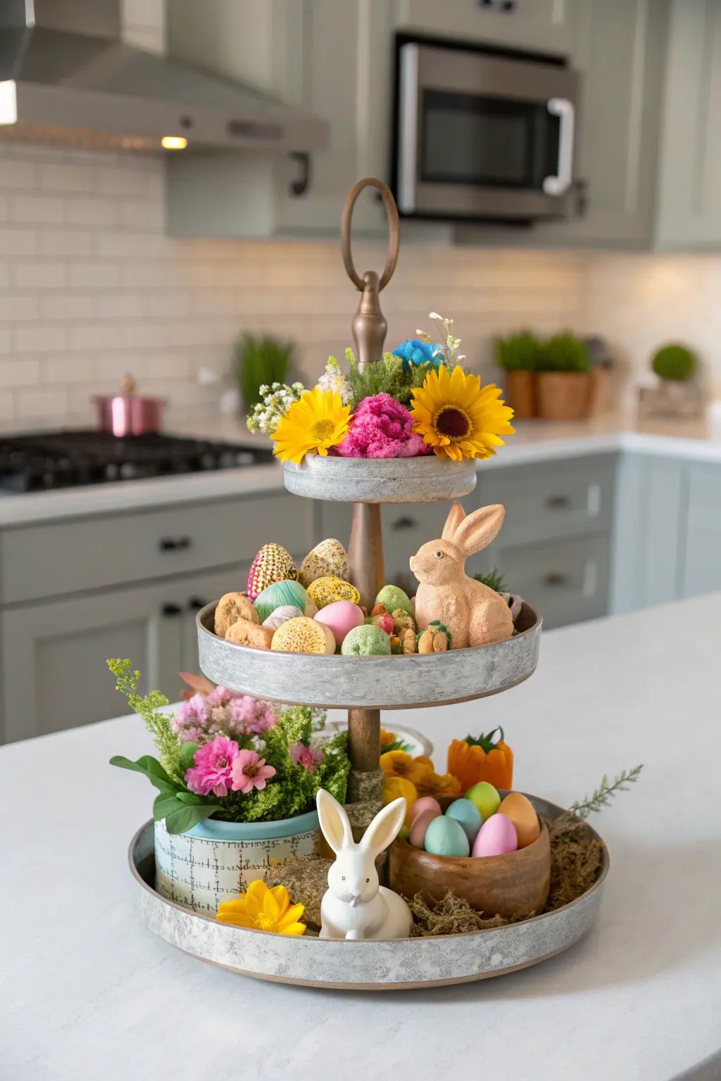 Elegantly arranged multi-tiered stands display Easter adornments.