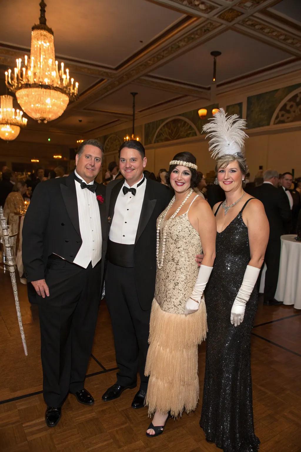 Guests embracing the themed dress code for an elegant party.