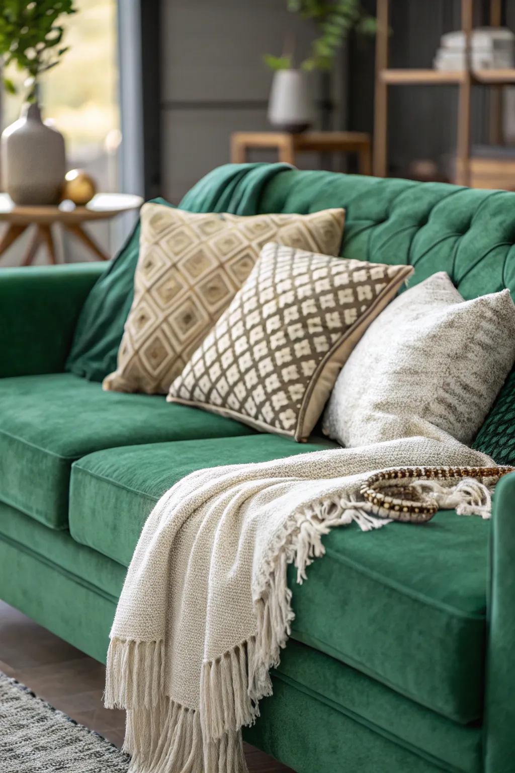 Textured cushions give an emerald sofa extra comfort and flair.