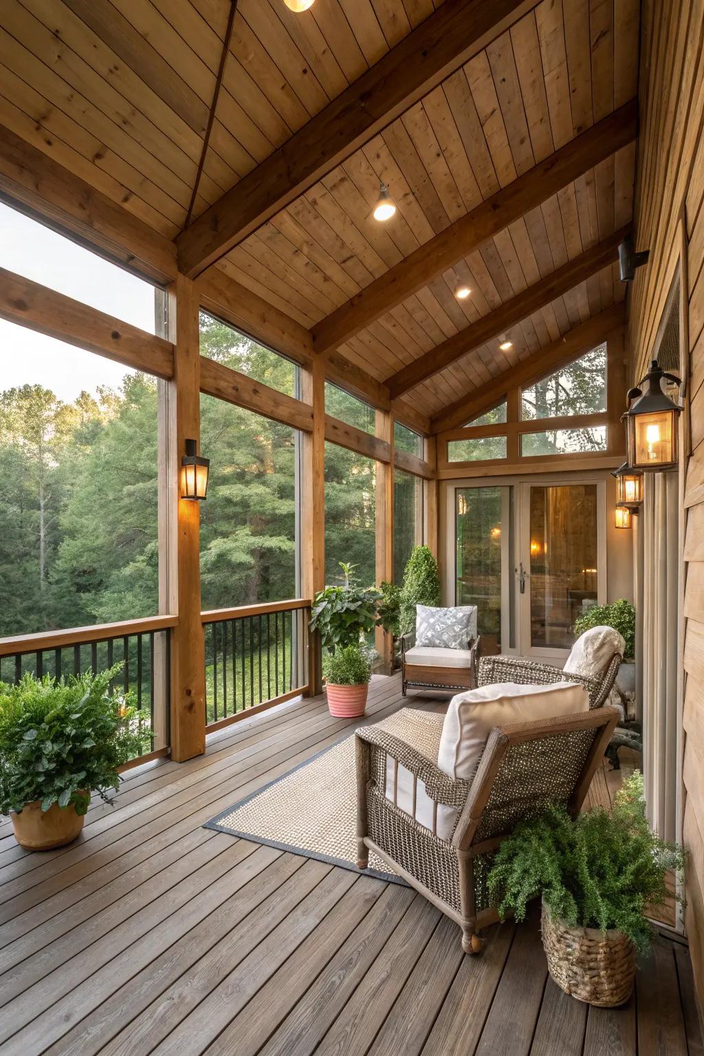 Rustic charm created by lumber accents on a sheltered deck.