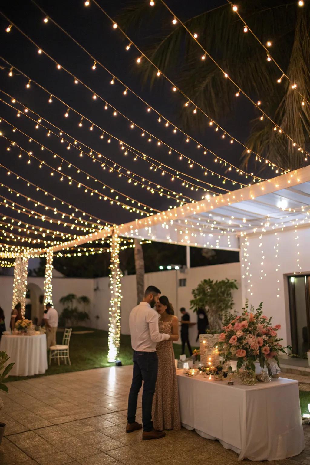 Twinkle lights projecting a welcoming radiance across an engagement celebration.