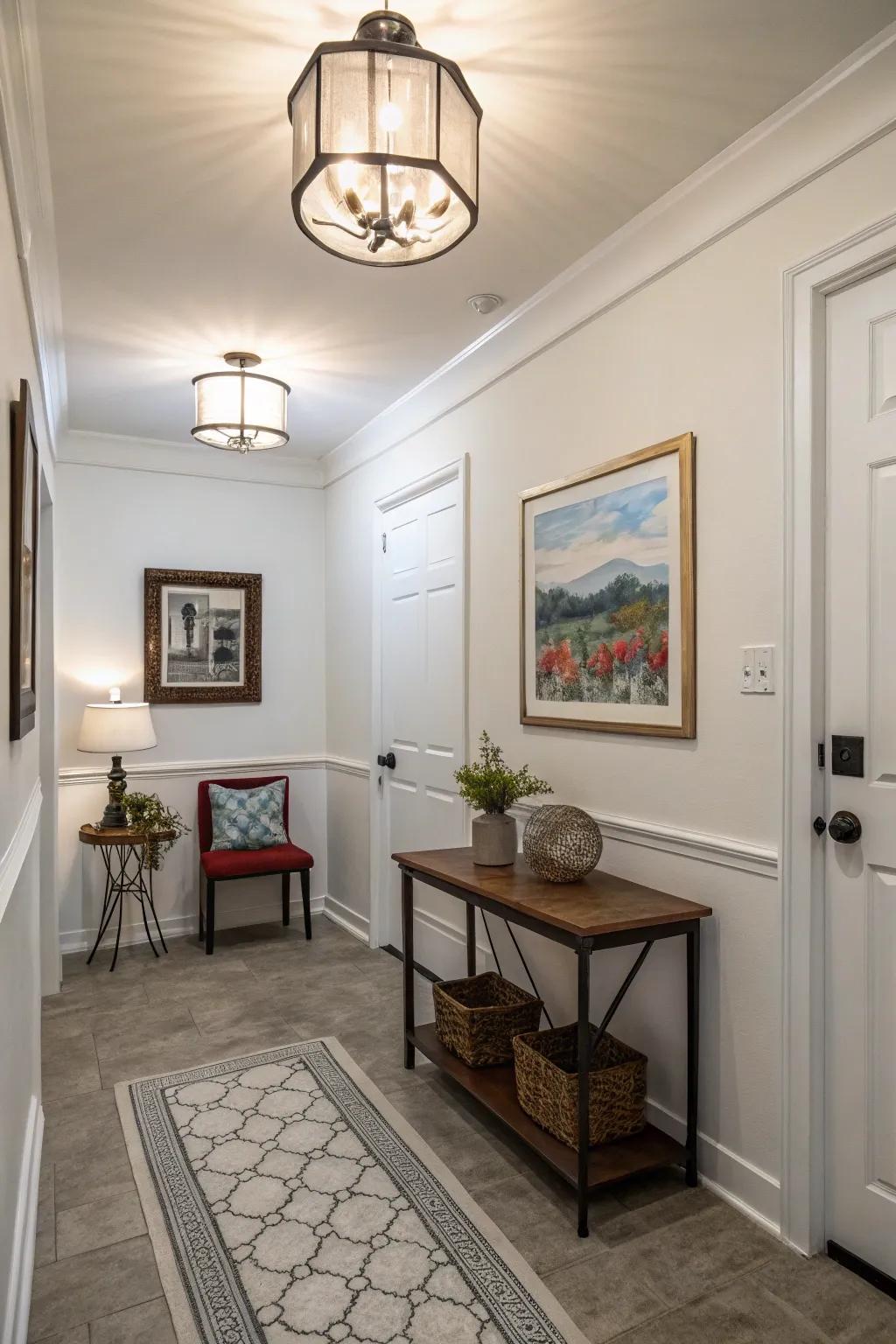 A smooth mount illumination offers ample lighting in this condensed entryway.