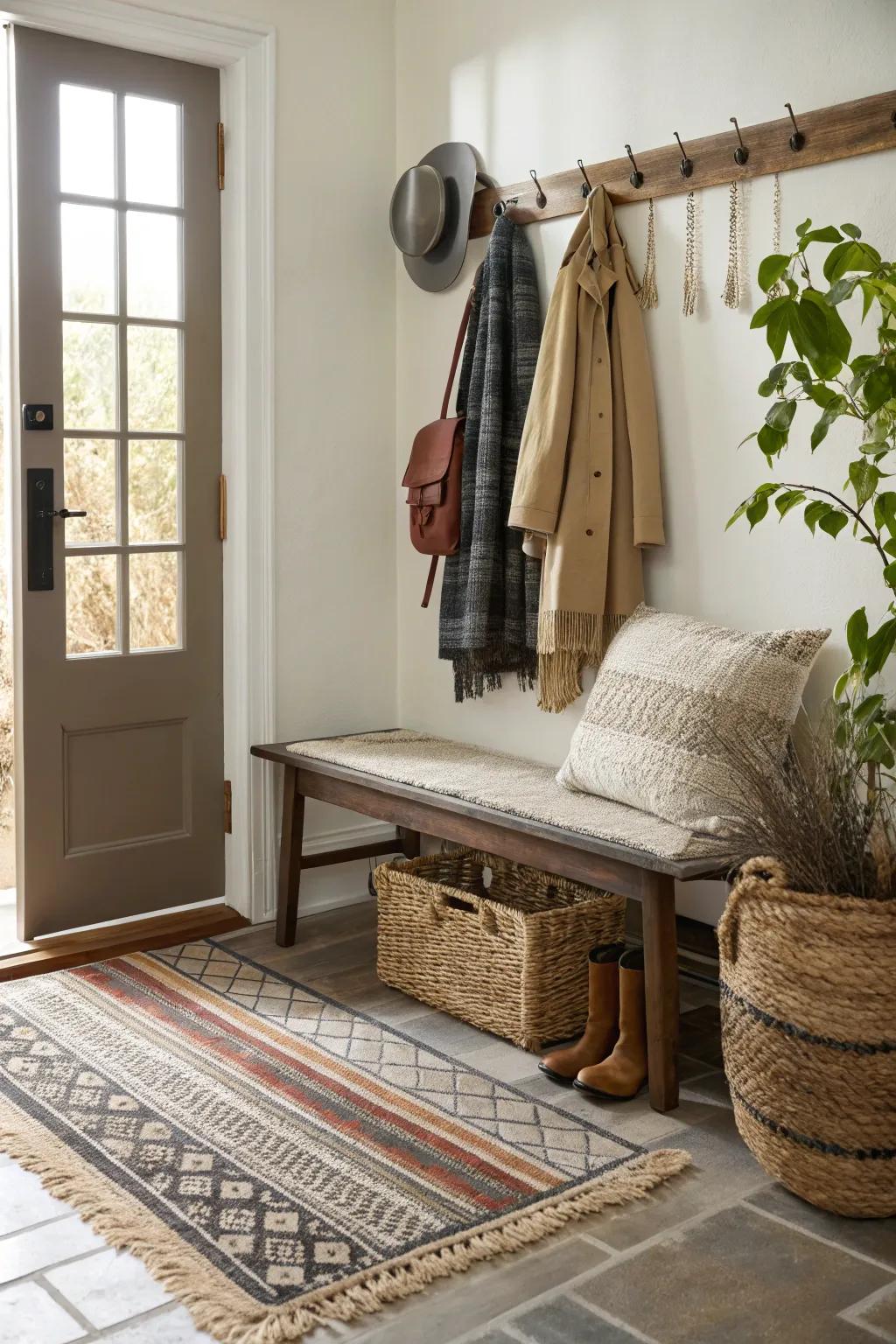 Superimposing ground coverings imparts tactility and visual fascination to your entryway.