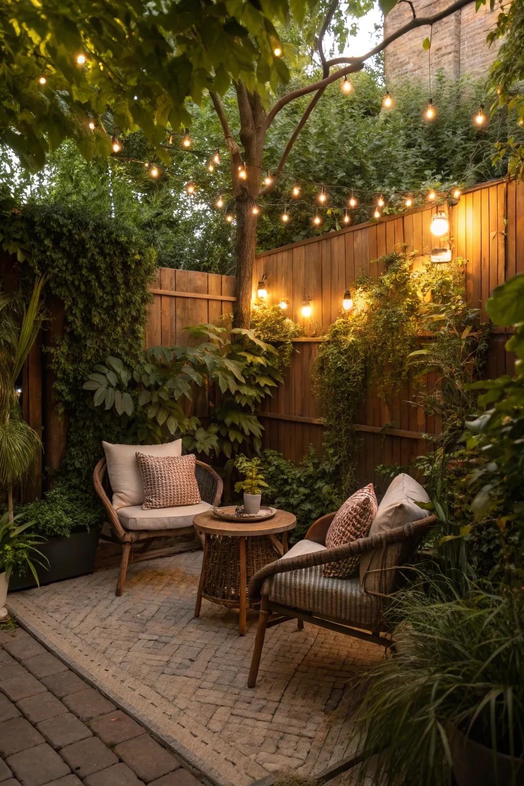 A cozy corner with twinkle lights makes for a perfect relaxation spot.