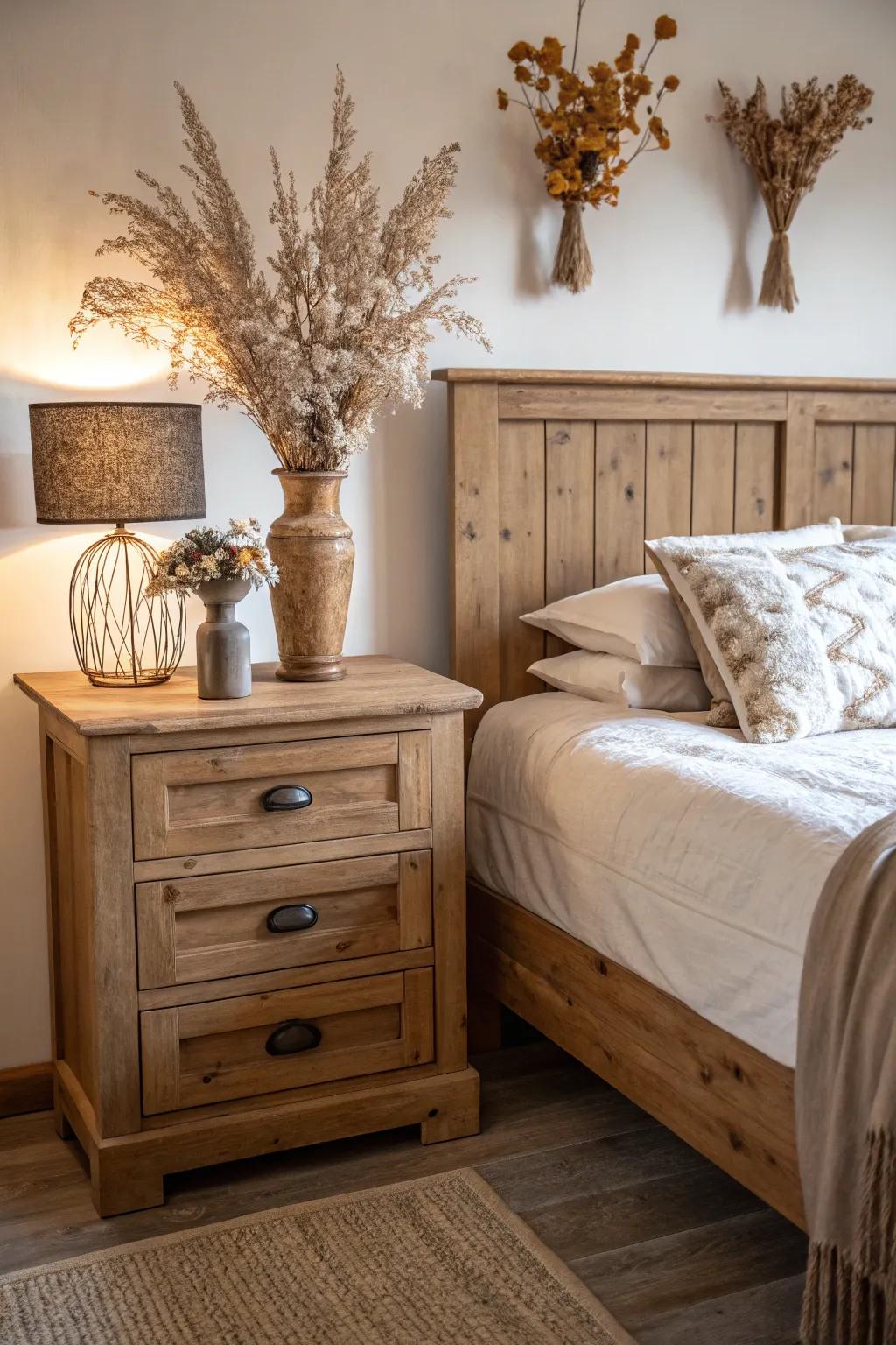 Natural elements like wood and dried flowers enhance the fall feel.