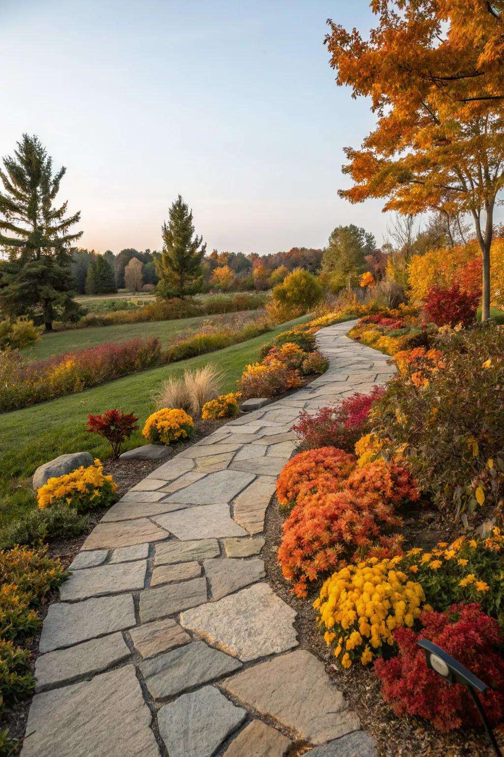Accent paths with autumnal flora to introduce added dimension.