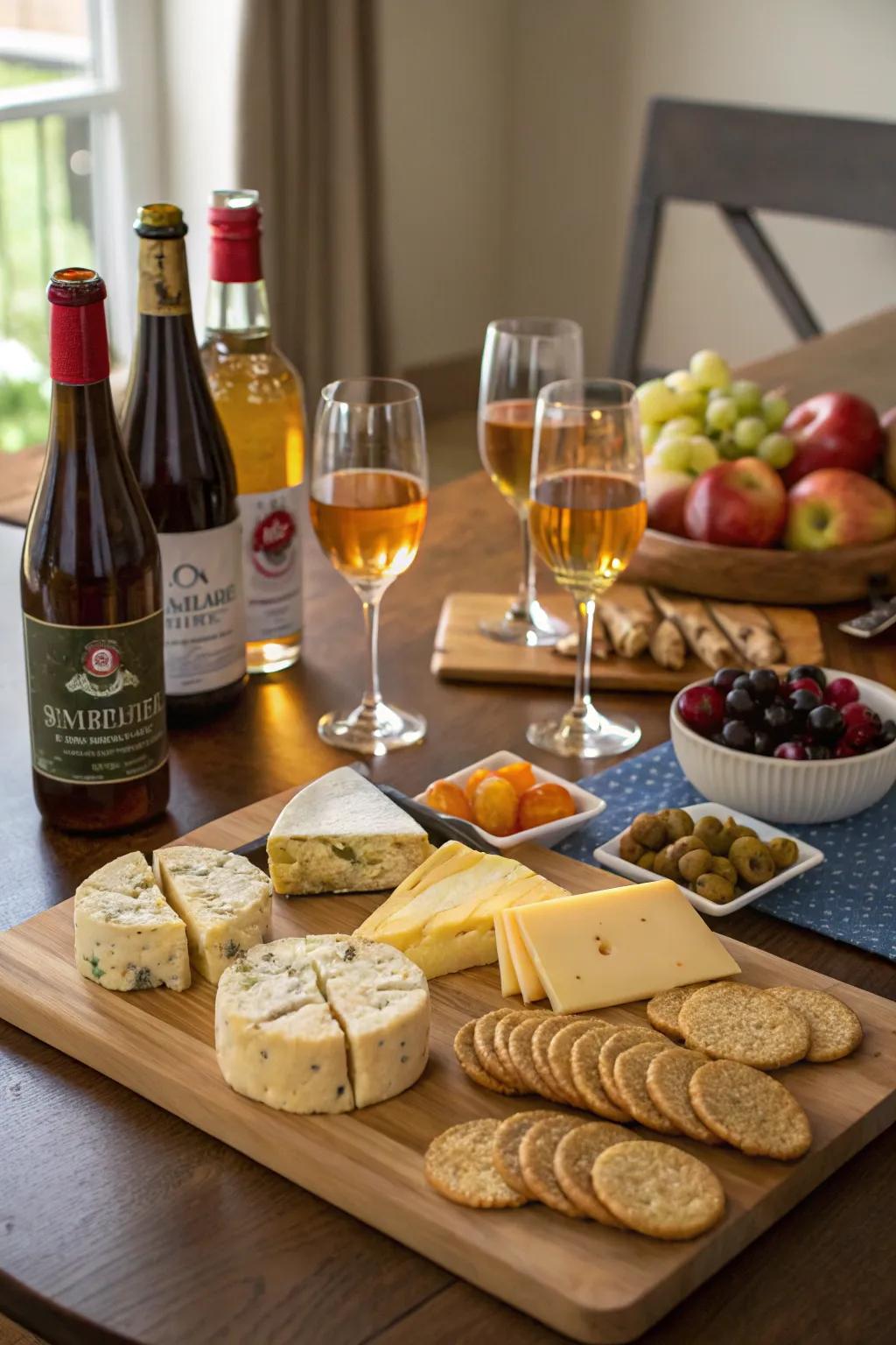 An enticing cider sampling arrangement featuring cheeses and snacks.