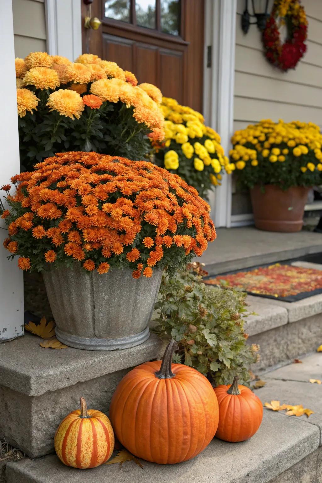 Mums and squashes unite to form a vibrant autumnal duo.