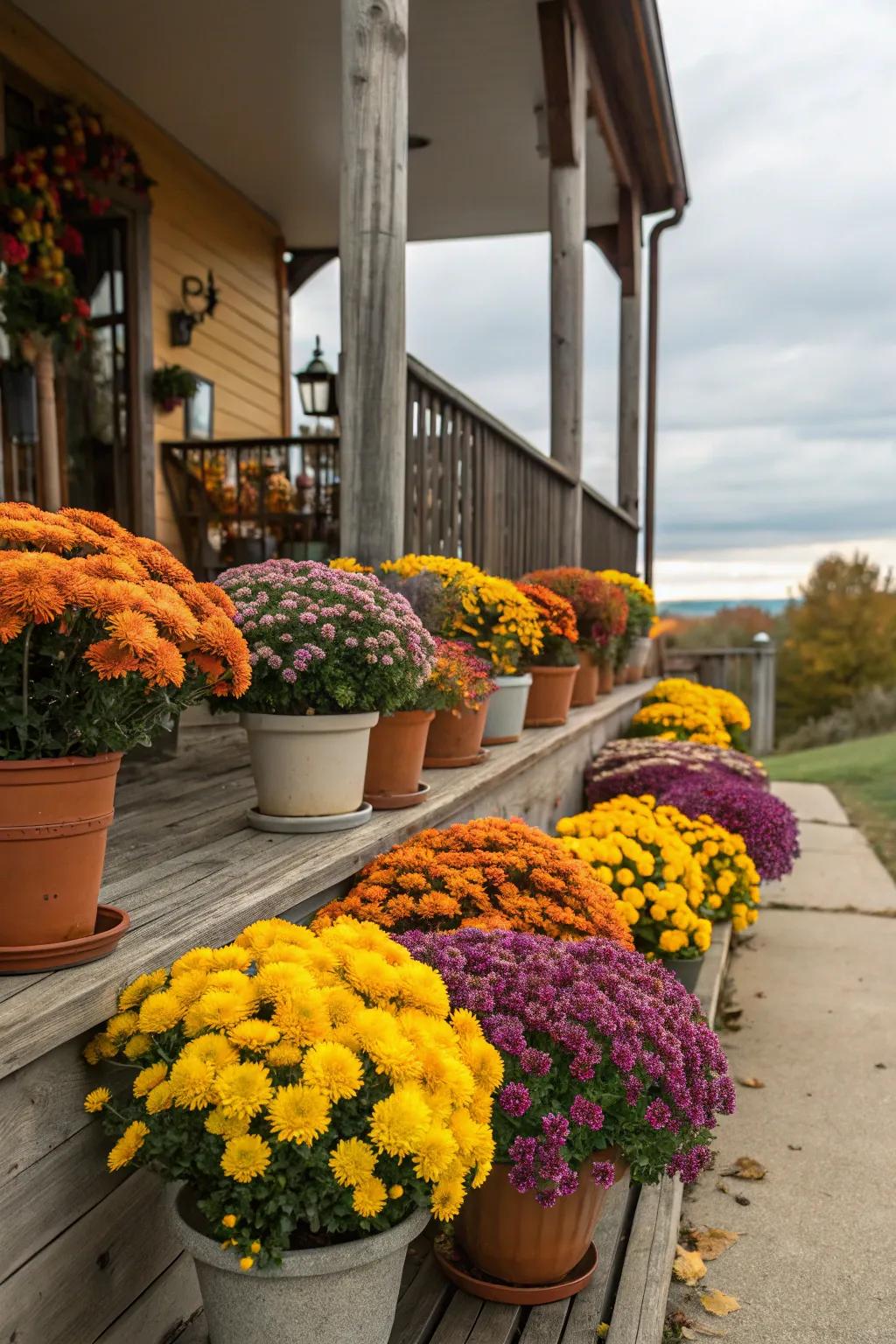Bright mums in autumn hues bring lively color to your porch.