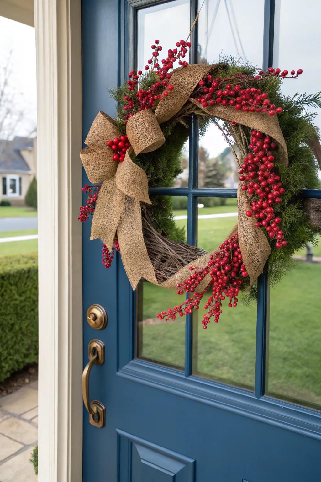 Matting and berries conceive an enchanting seasonal wreath.