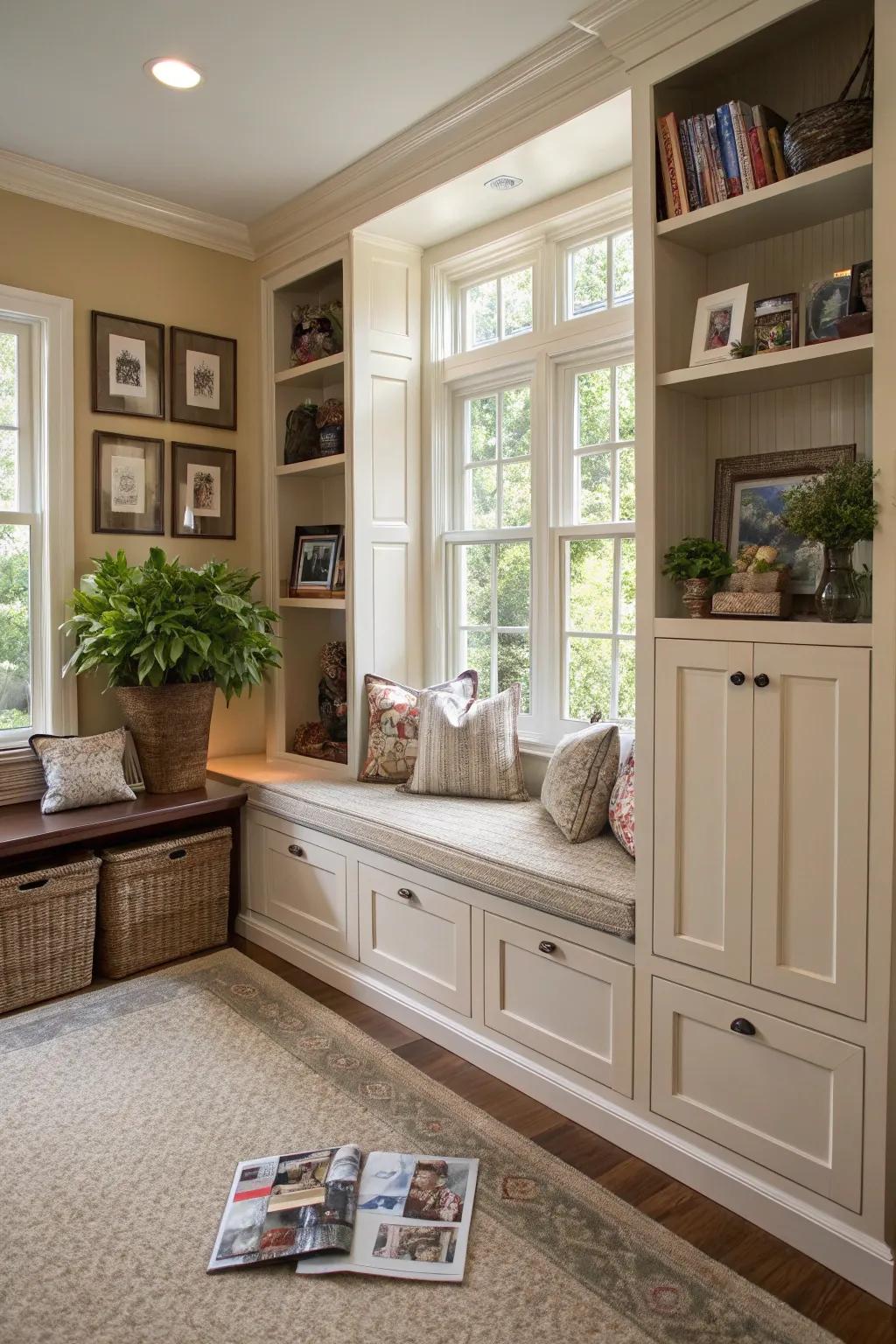 A family room with ingenious hidden storage solutions.