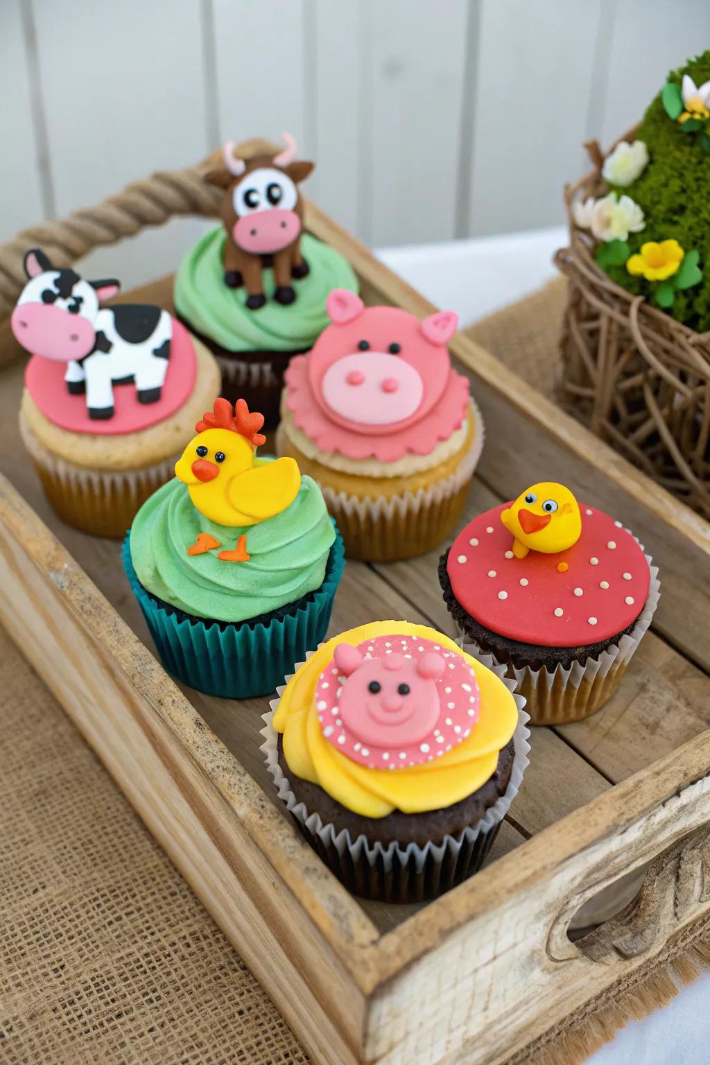 Cupcakes embellished with delightful farm animal toppers serve as a sweet indulgence.