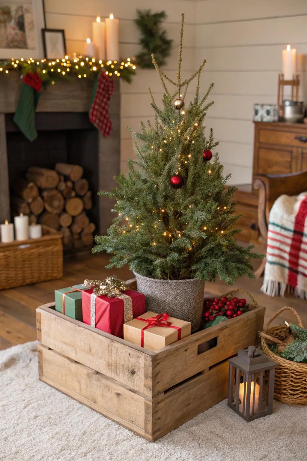 A timber box introduces a rustic platform to this charming Christmas tree.