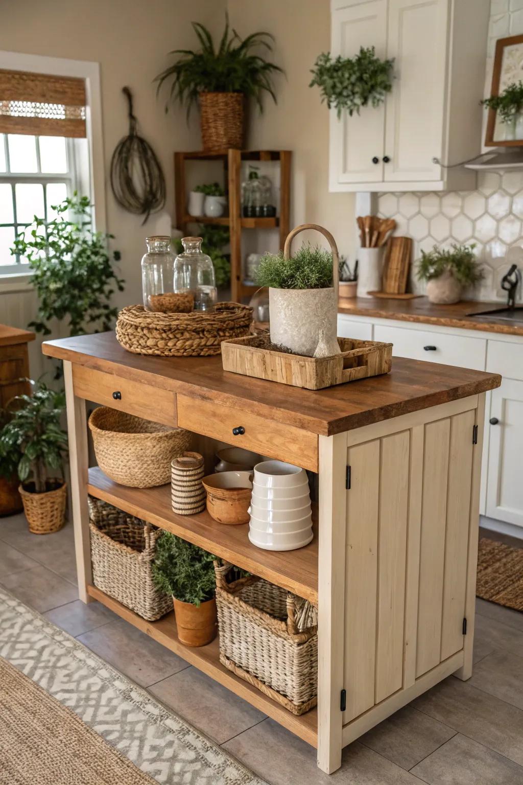 Neutral tones create a calming, inviting atmosphere in your farmhouse kitchen.