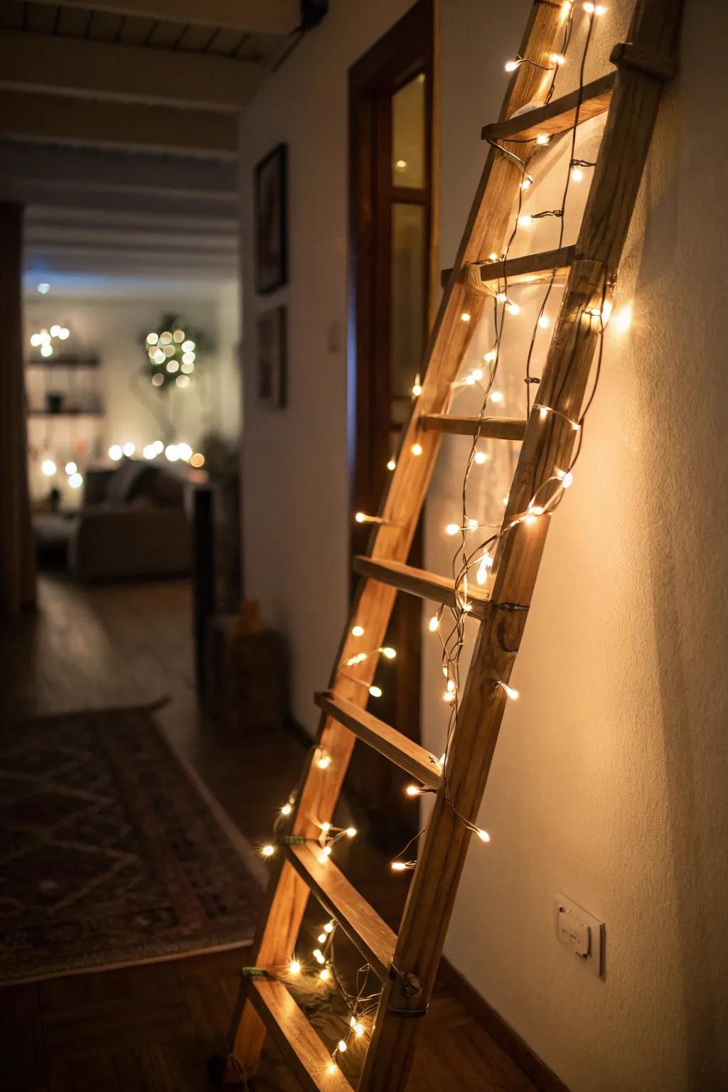 Magical lighting effect with string lights on a ladder