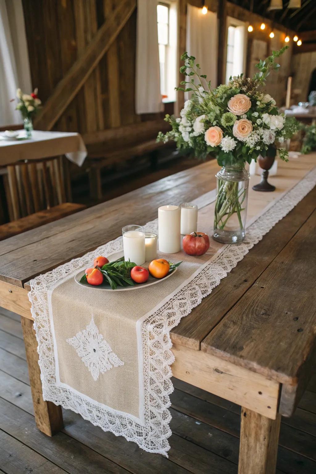 A textural fabric and trim overlay introduces both texture and elegance to your farmhouse table.