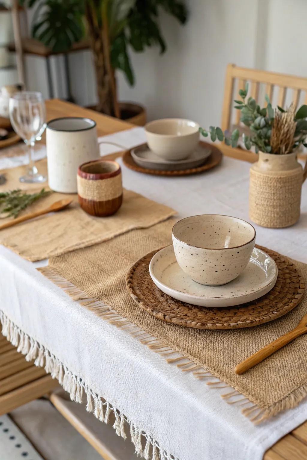 Jute accent enhances the natural vibe of the dining area.