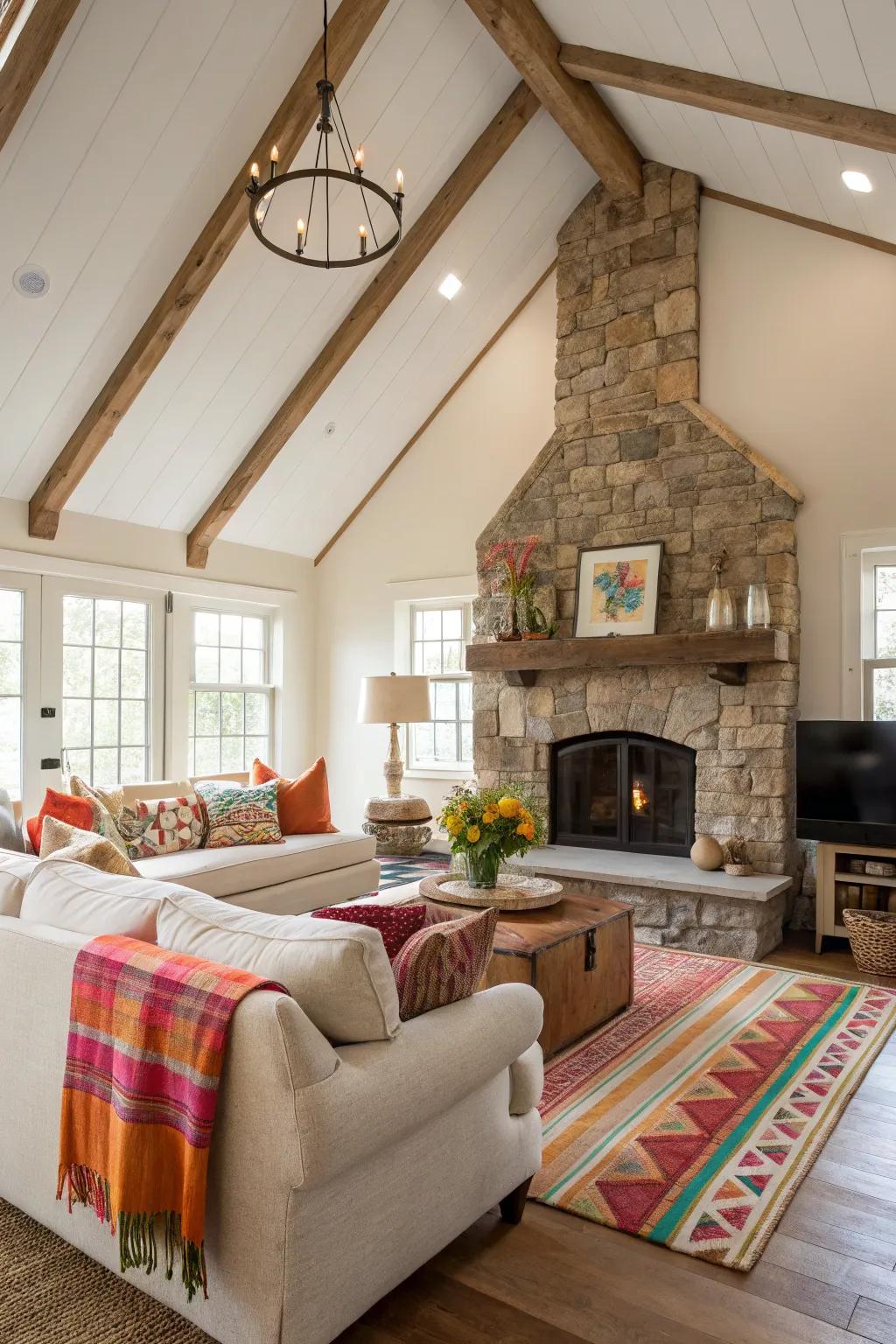 A neutral living room invigorated with colorful accents under a vaulted ceiling.