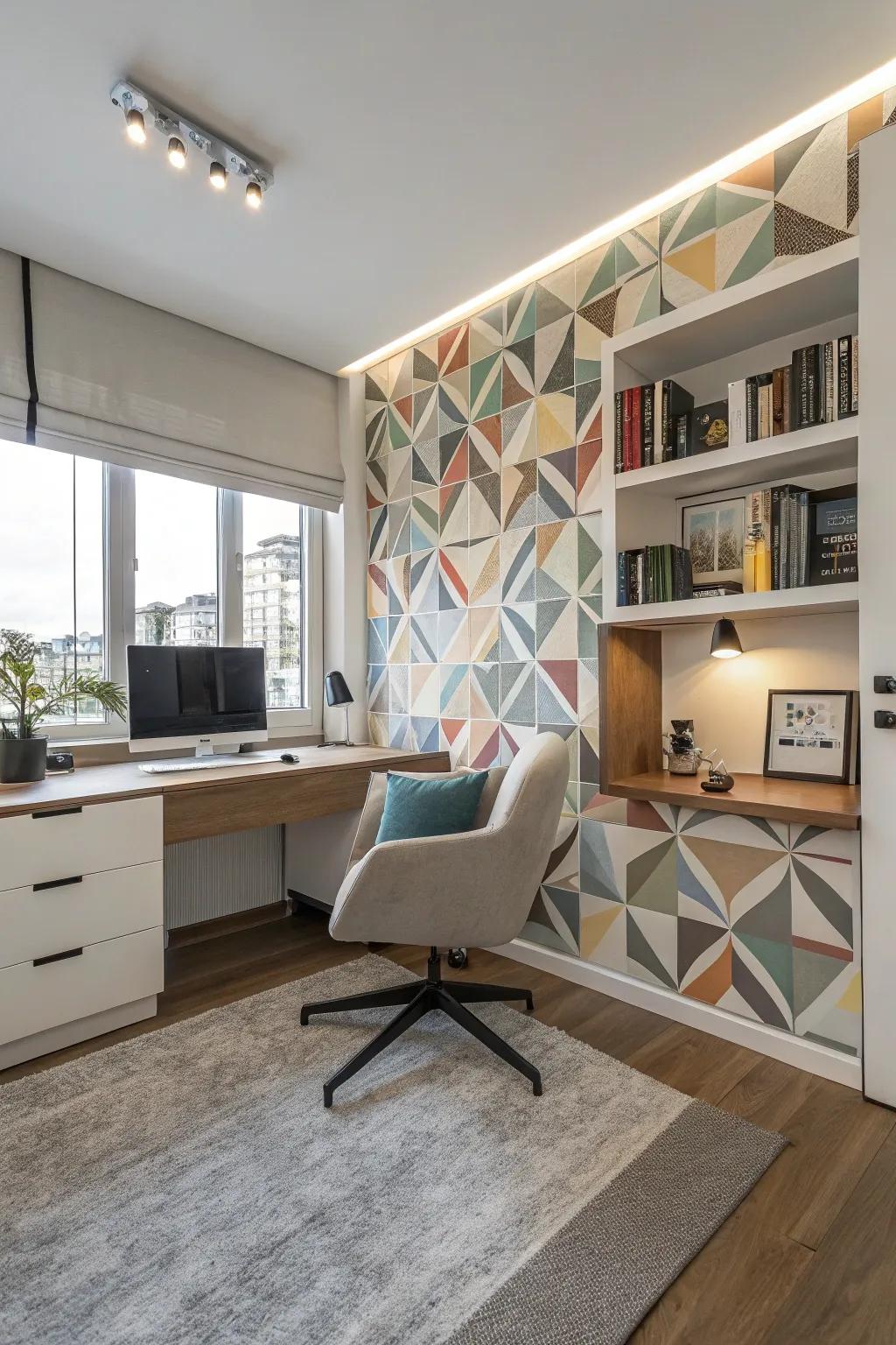 Geometric designs contribute a modern aesthetic to this home office.