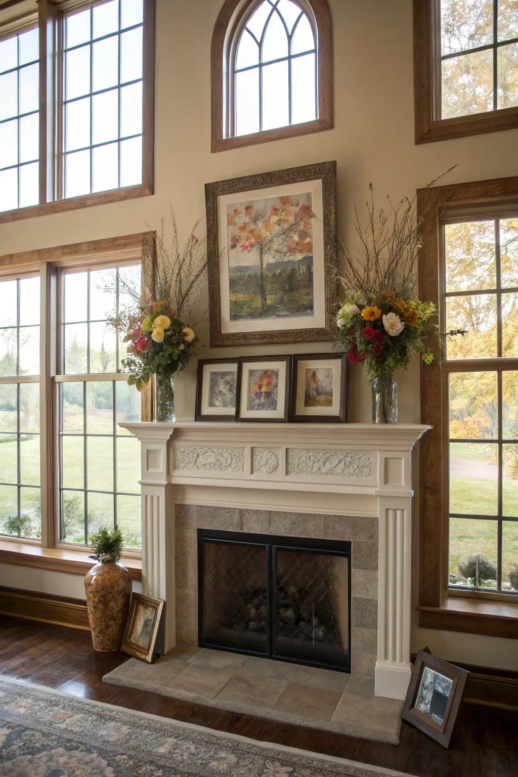 An artful display on the mantel, highlighted by surrounding windows.