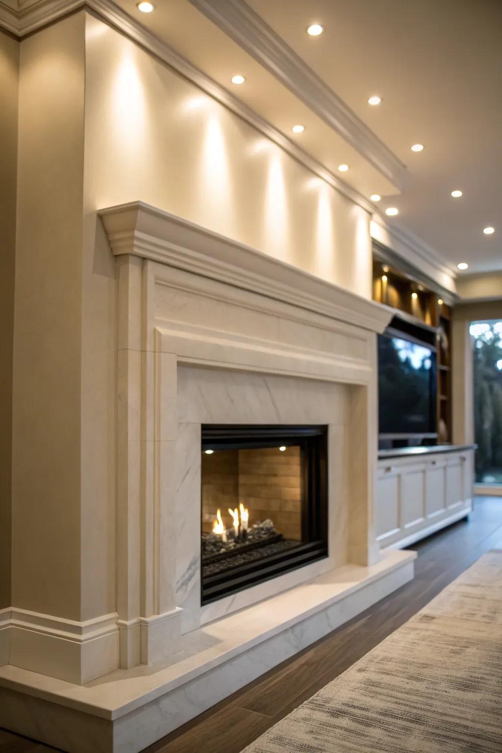 Hidden lights impart an aura of refinement to the fireplace.