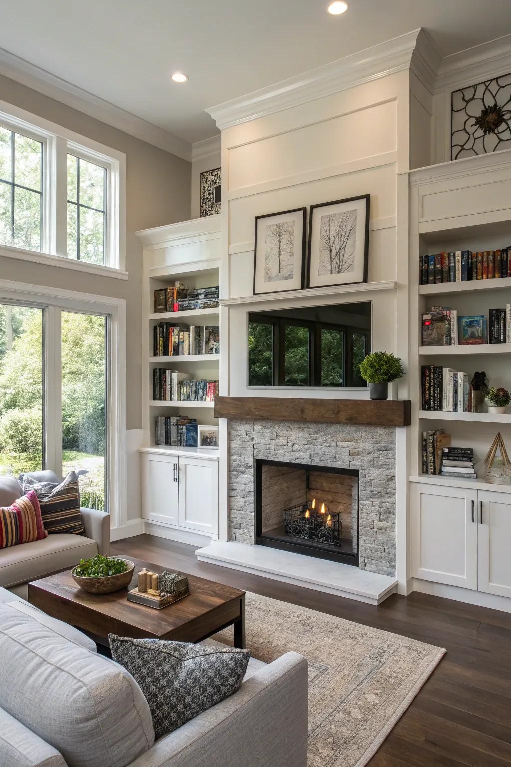 A modern living space showcasing a fireplace accompanied by integrated shelving for amplified functionality.