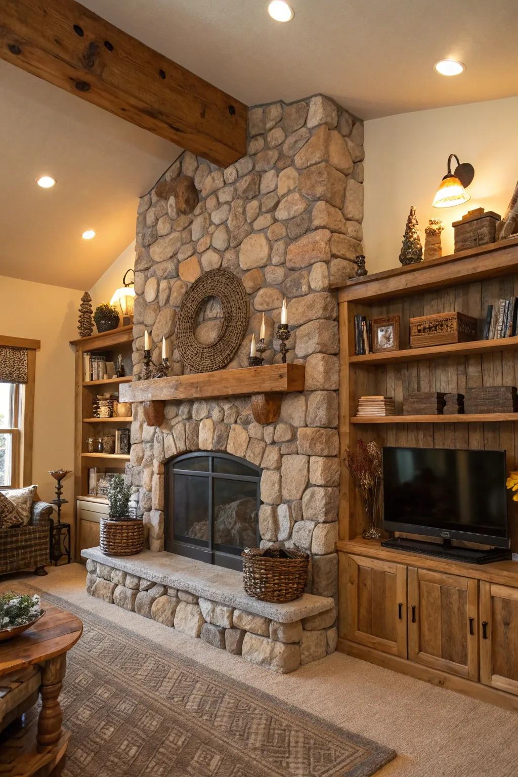 Down-to-earth appeal featuring timber shelves alongside a comforting stone fireside.