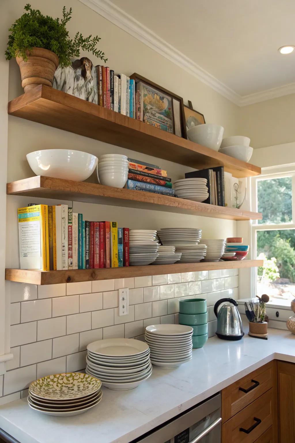 Floating shelves in the kitchen offer a well-organized and stylish space.
