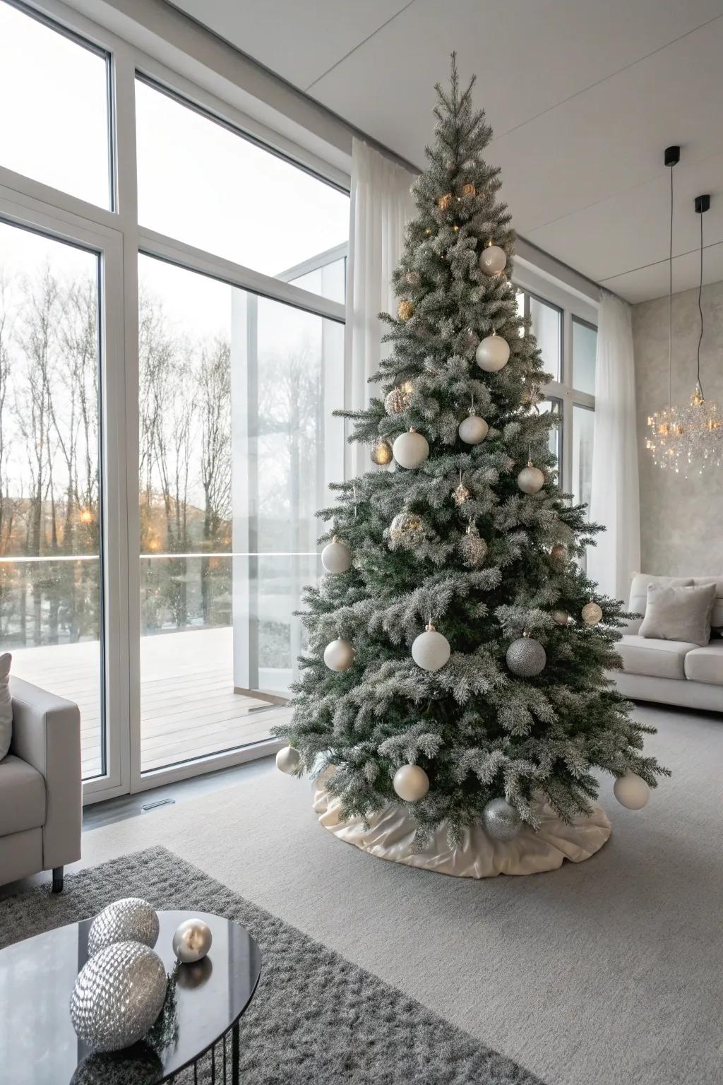 A minimalist and refined flocked Christmas tree featuring neutral tones.