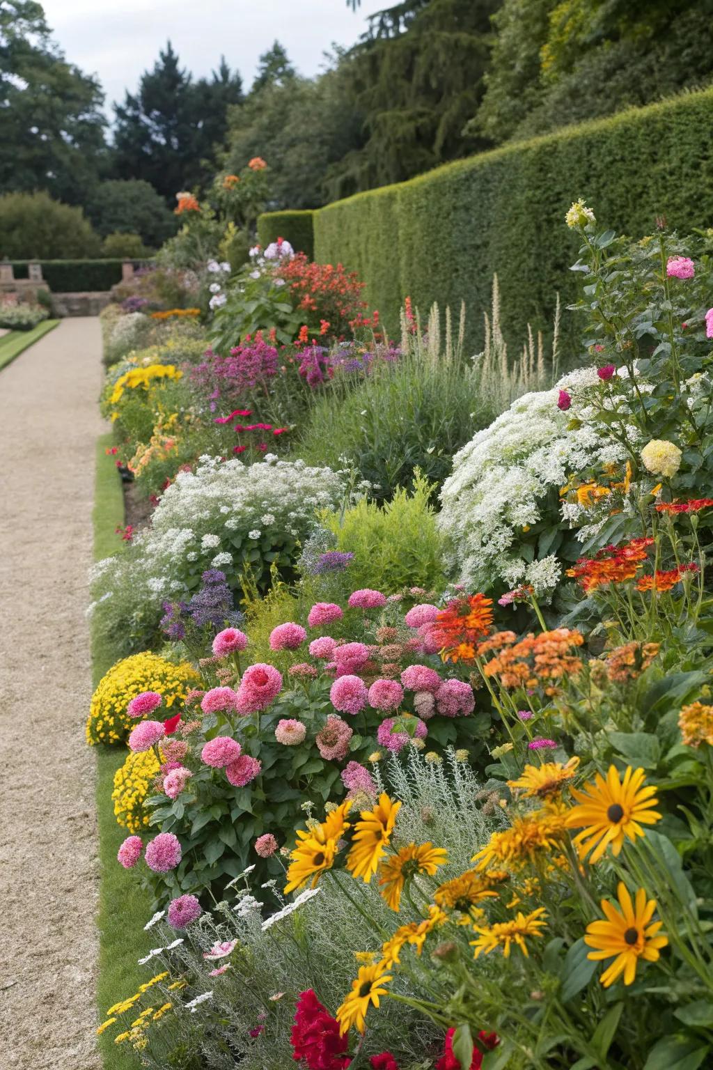 A lively floral border displaying blossoms for each season, ensuring year-round visual allure.