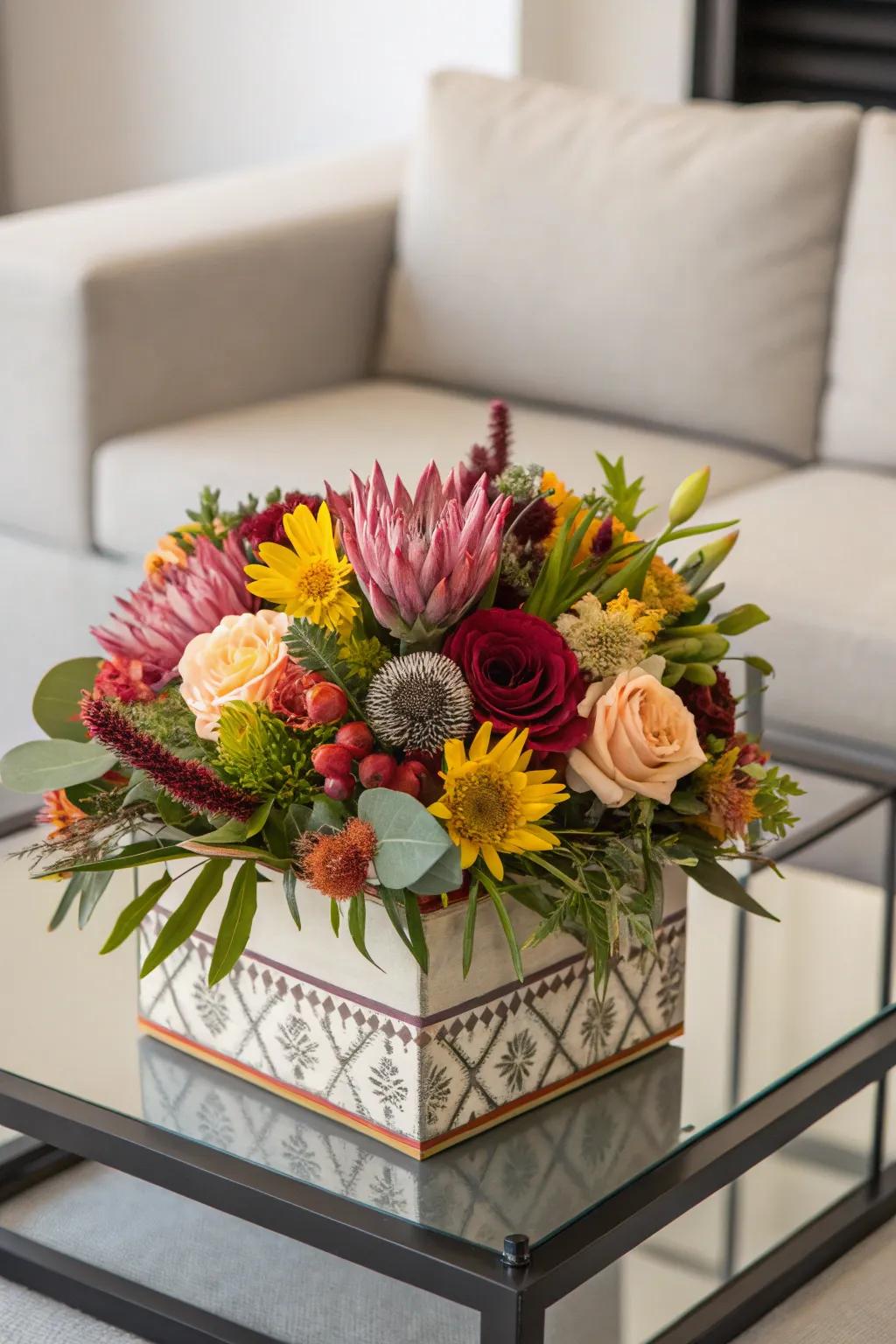 A unique boxed flower arrangement that delivers an elegant birthday surprise.