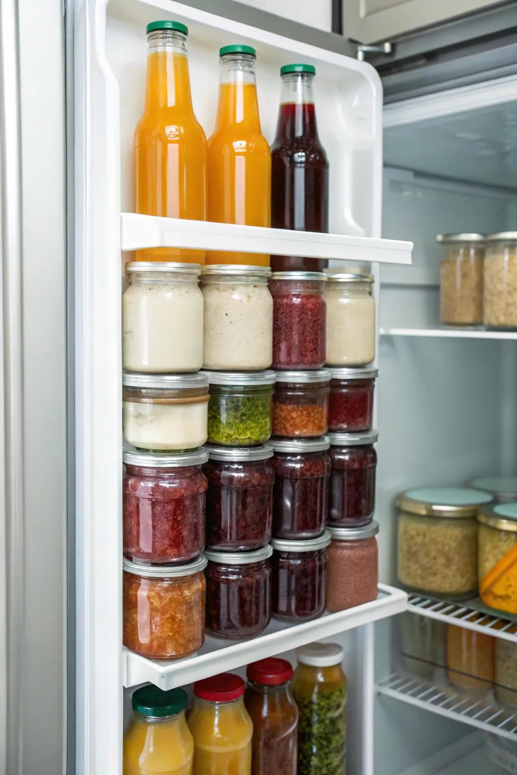 Bottles and jars stacked vertically to save space.