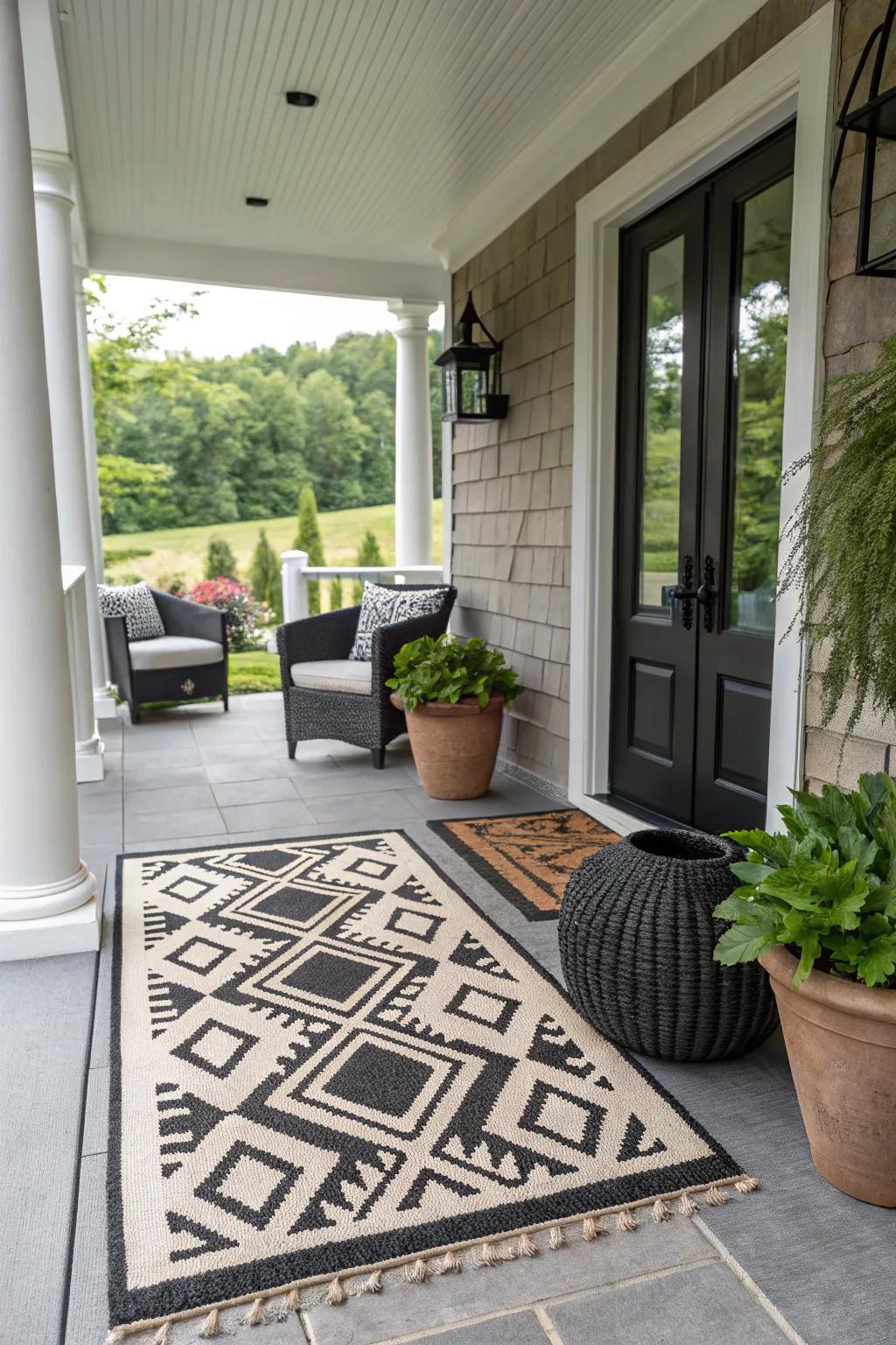 A bold patterned doormat with geometric designs.
