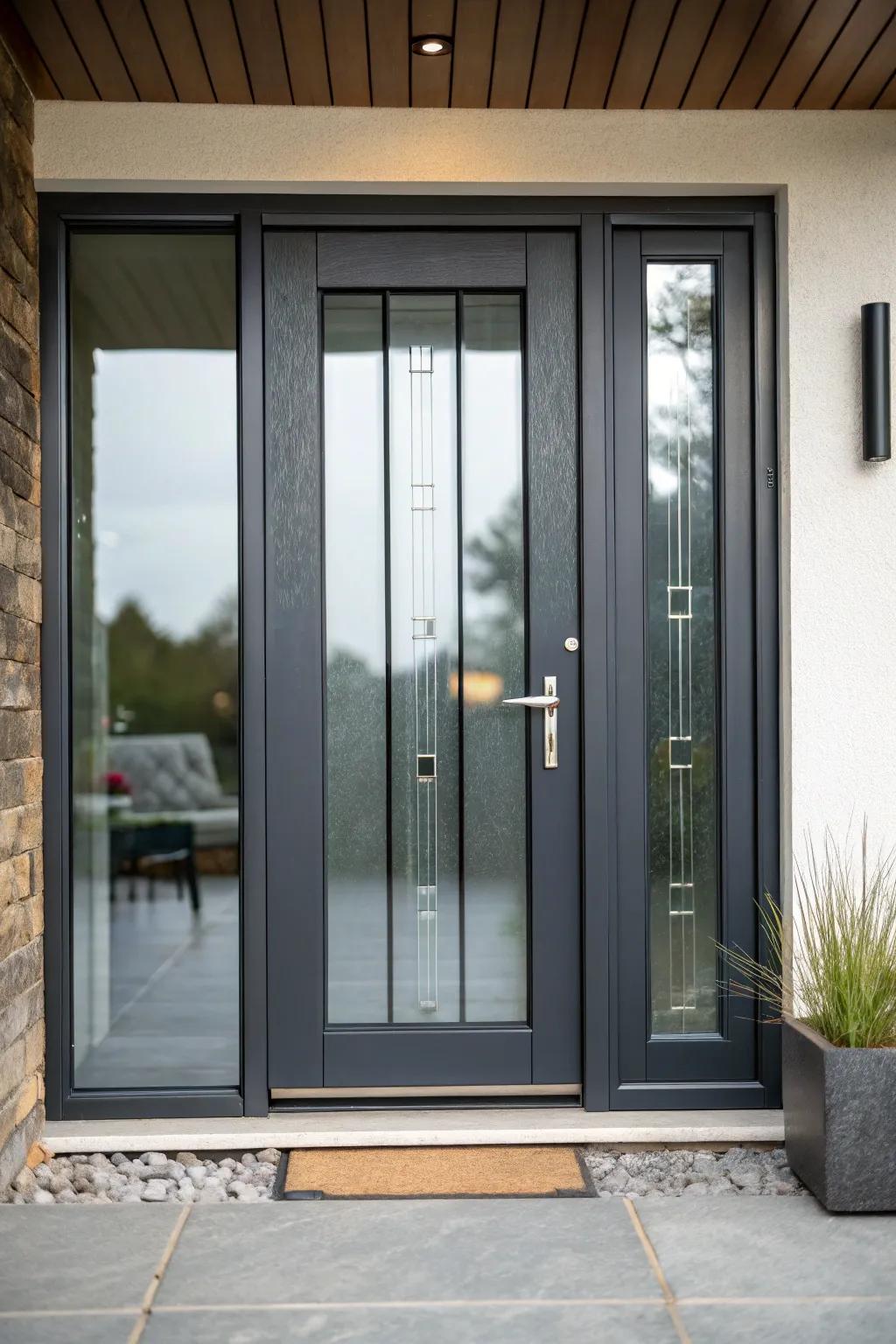 A front door with dyed glass offering privacy and a modern aesthetic.