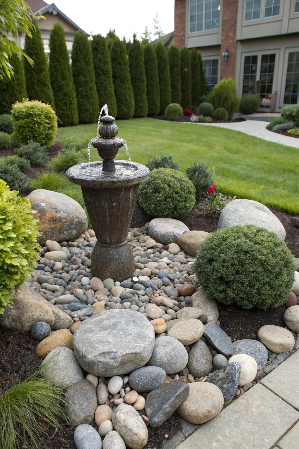 River stones beautifully accentuate garden features.