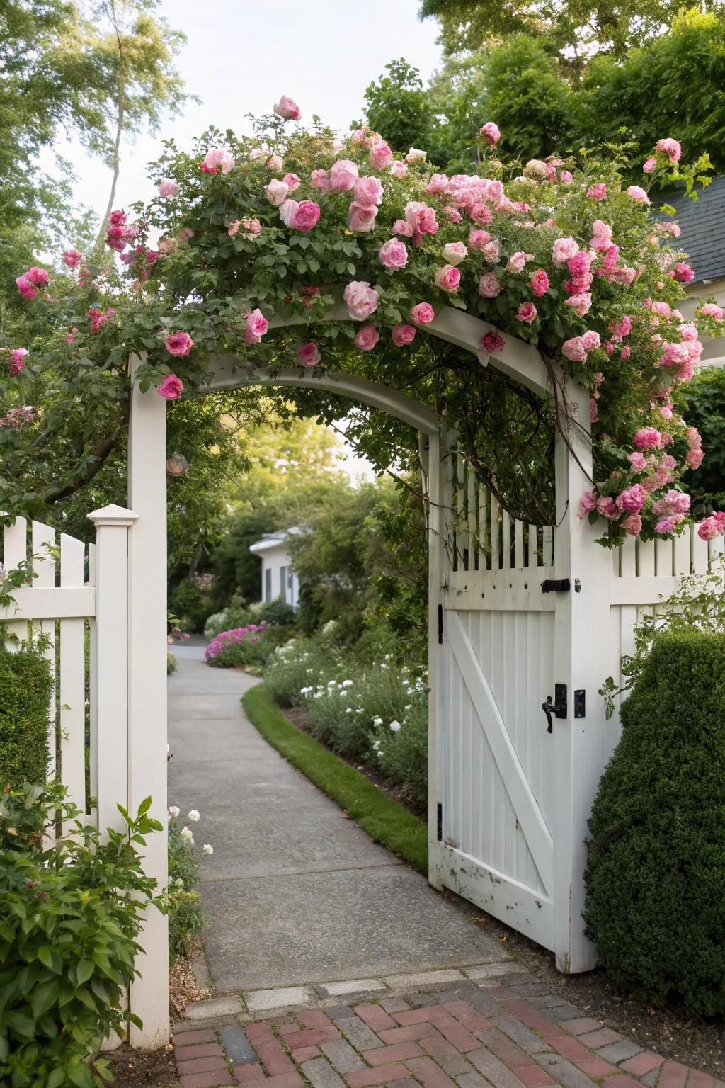 An inviting trellis over the entrance passage adds a touch of romance and charm.